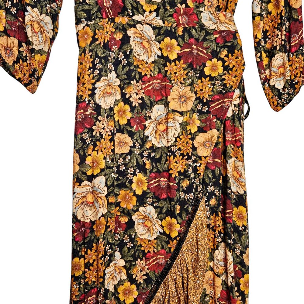 Farm Rio Madrid Maxi Dress Anthropologie‎ Floral Gold Yellow Wrap High Low XS - Picture 7 of 12